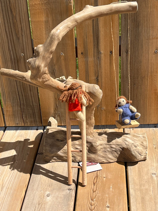 Wooden Dollhouse Play - TREE CLIMBING SET, with 2 Dolls, Swing and Ladder