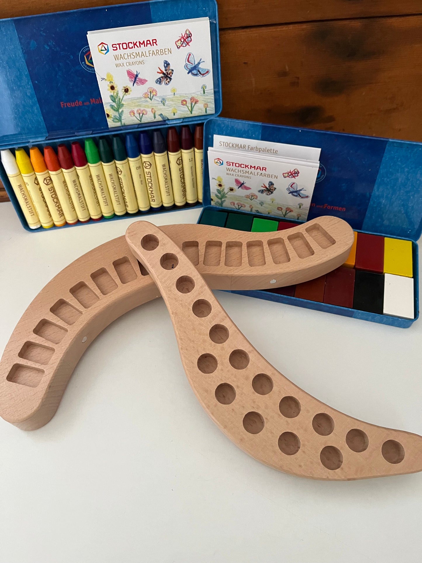 Wooden BEESWAX CRAYON HOLDER, for 16 crayons, 2 choices: 16 BLOCK Crayons OR, 16 STICK Crayons- Art