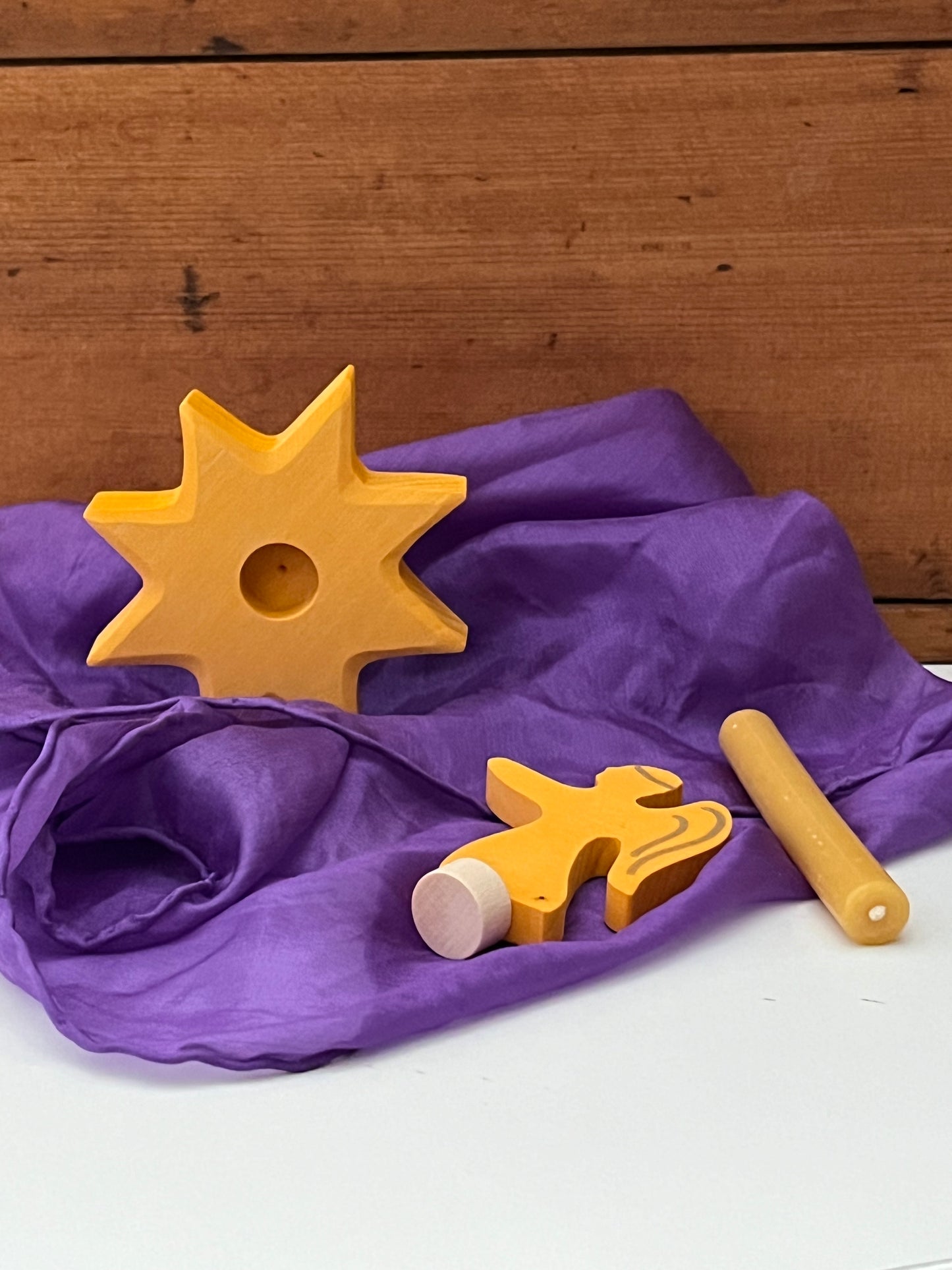 Wooden Deco by Grimm's - STAR candle holder, yellow-gold with single hole