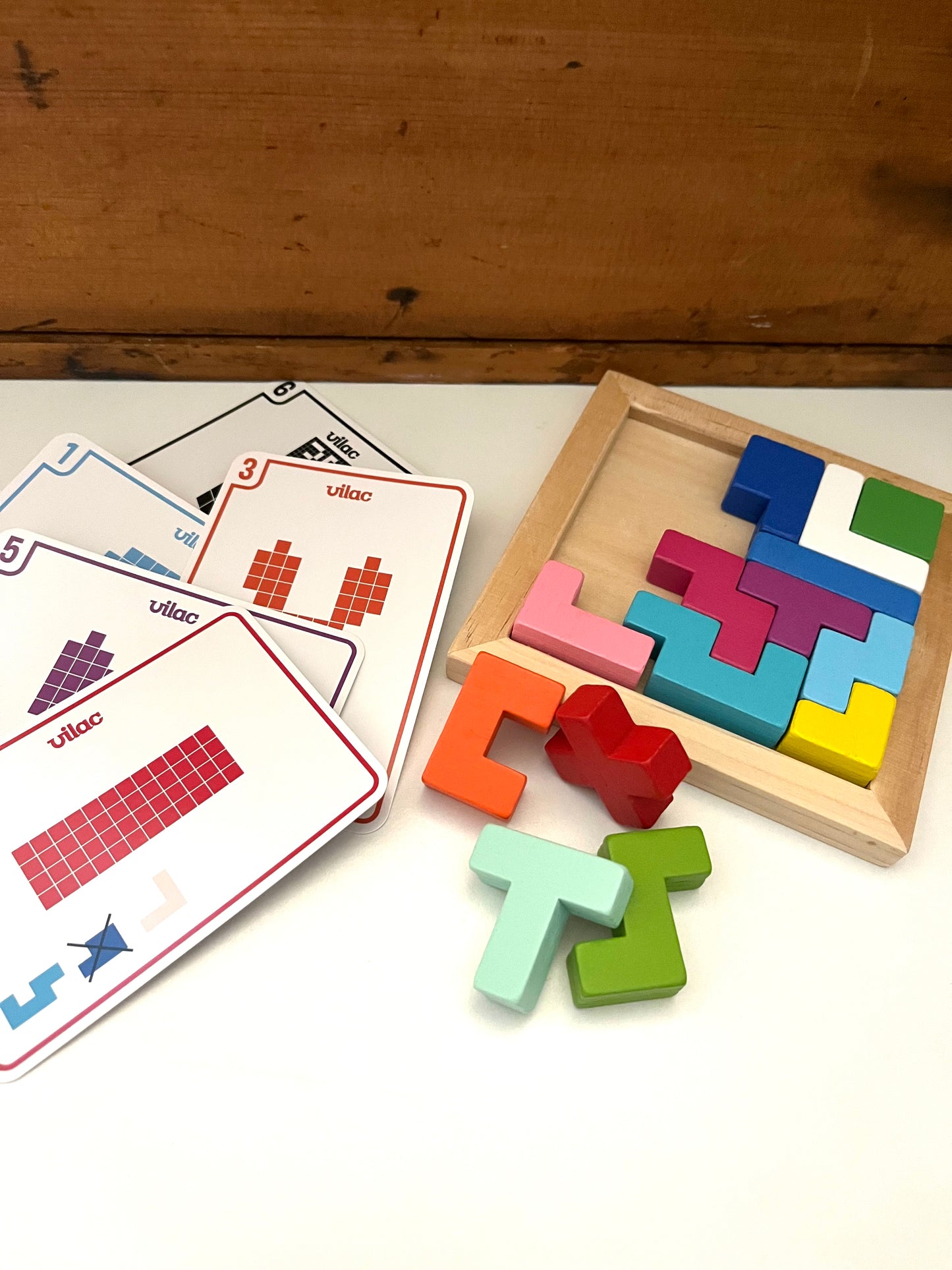 Activity Set - Wooden BRAIN TEASER Puzzle & Cards, 65 pieces!