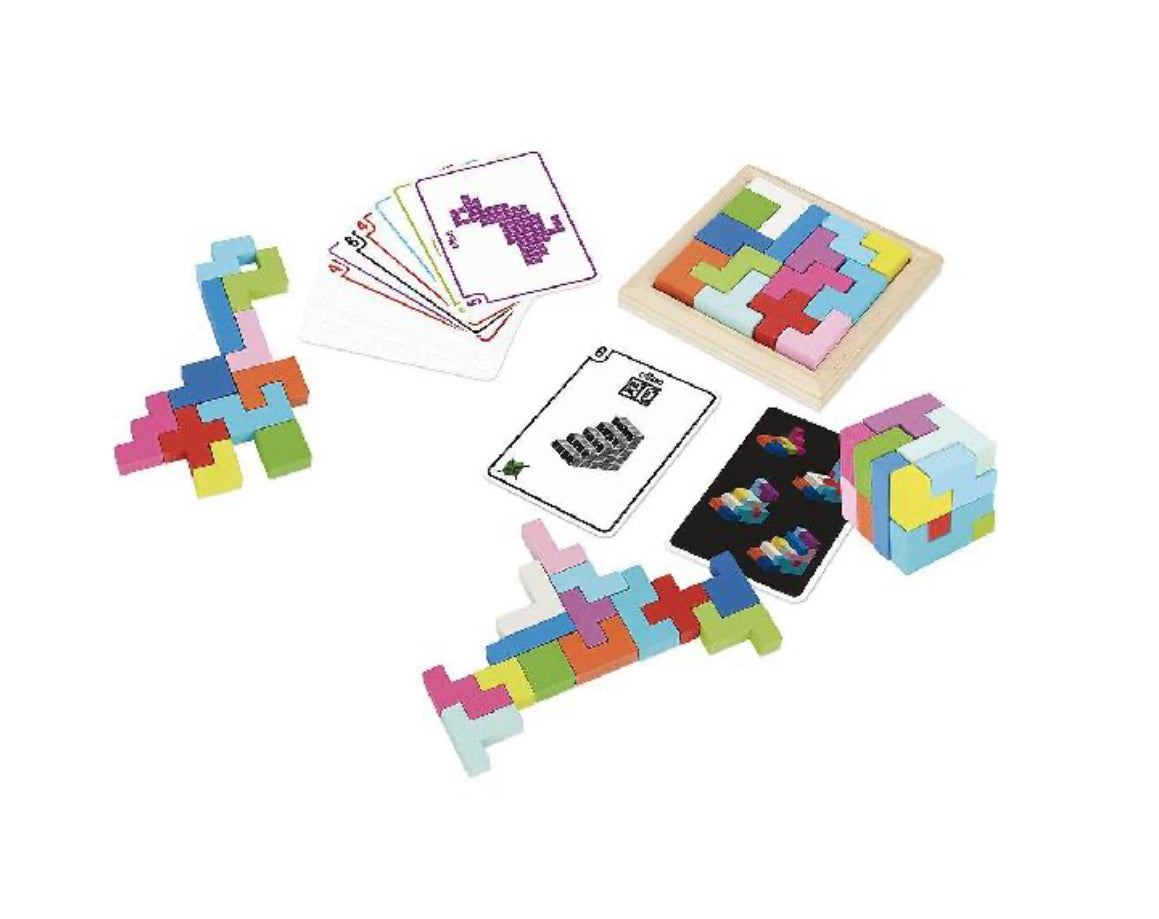 Activity Set - Wooden BRAIN TEASER Puzzle & Cards, 65 pieces!
