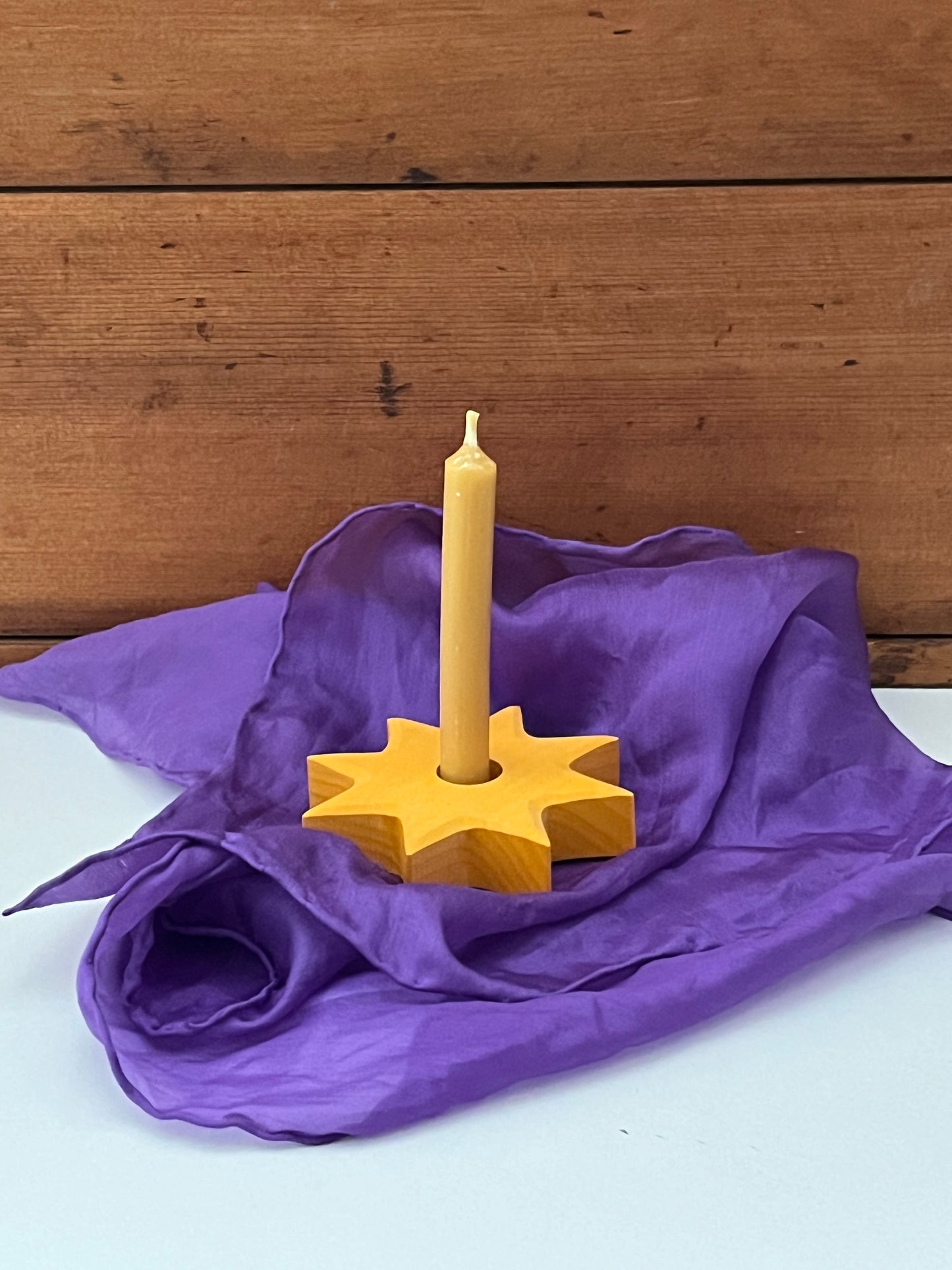 Wooden Deco by Grimm's - STAR candle holder, yellow-gold with single hole