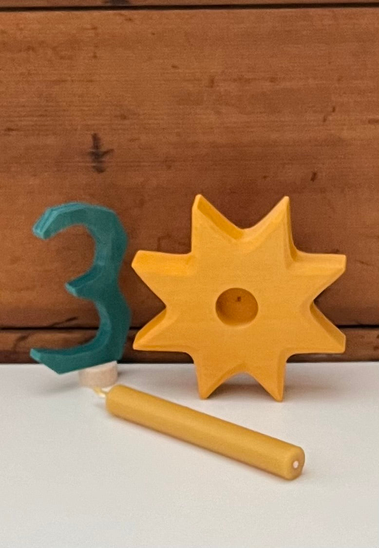 Wooden Deco by Grimm's - STAR candle holder, yellow-gold with single hole