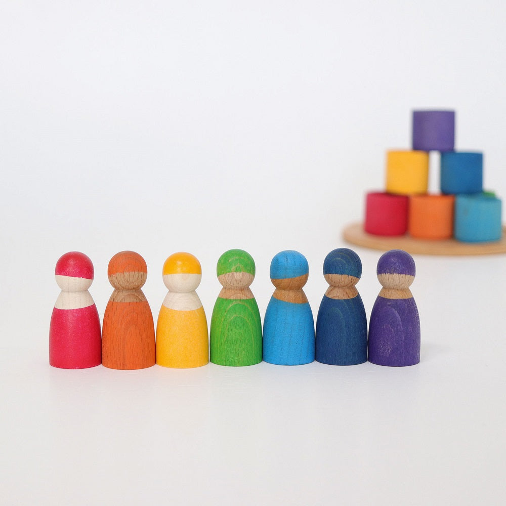Wooden Toy - Grimm's RAINBOW FRIENDS in RAINBOW BOWLS, set of 7!