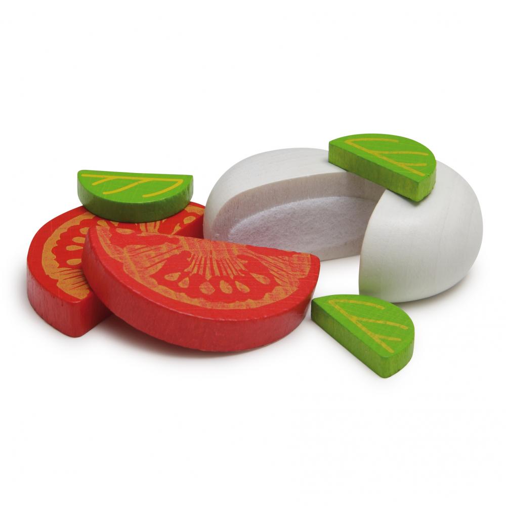 Kitchen Play Food - Wooden MOZZARELLA, BASIL LEAVES and TOMATO SLICES