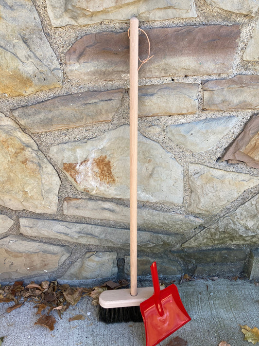 Child's WOODEN BROOM and Red Metal DUST PAN