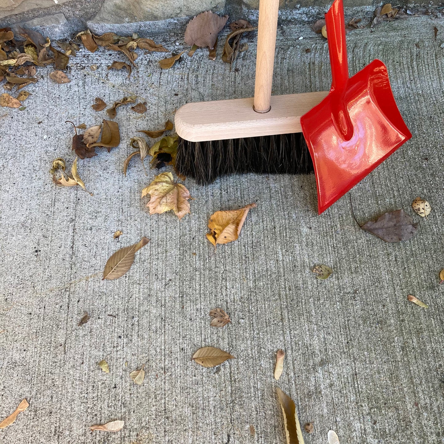 Child's WOODEN BROOM and Red Metal DUST PAN