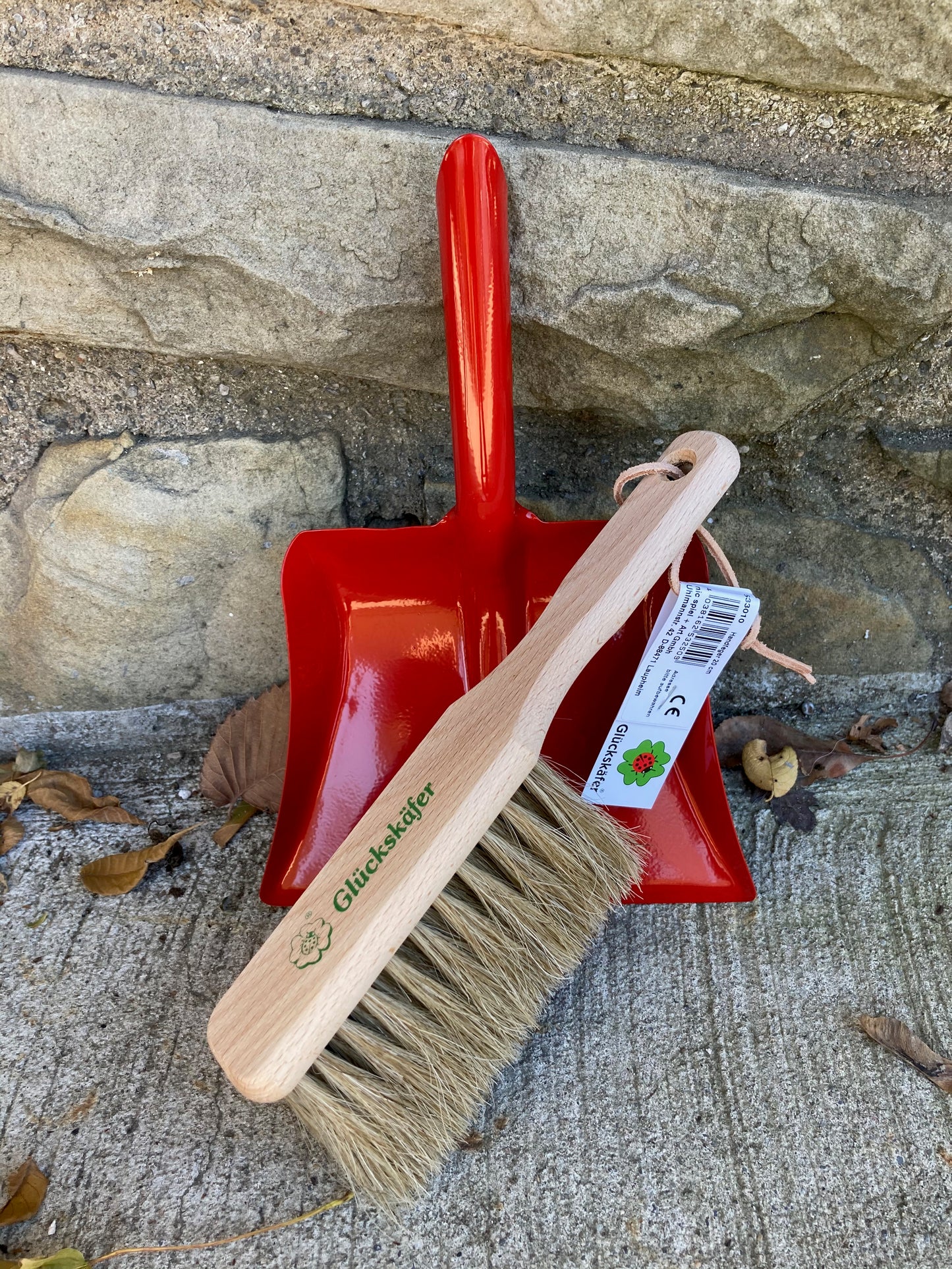 Child's WOODEN BROOM and Red Metal DUST PAN