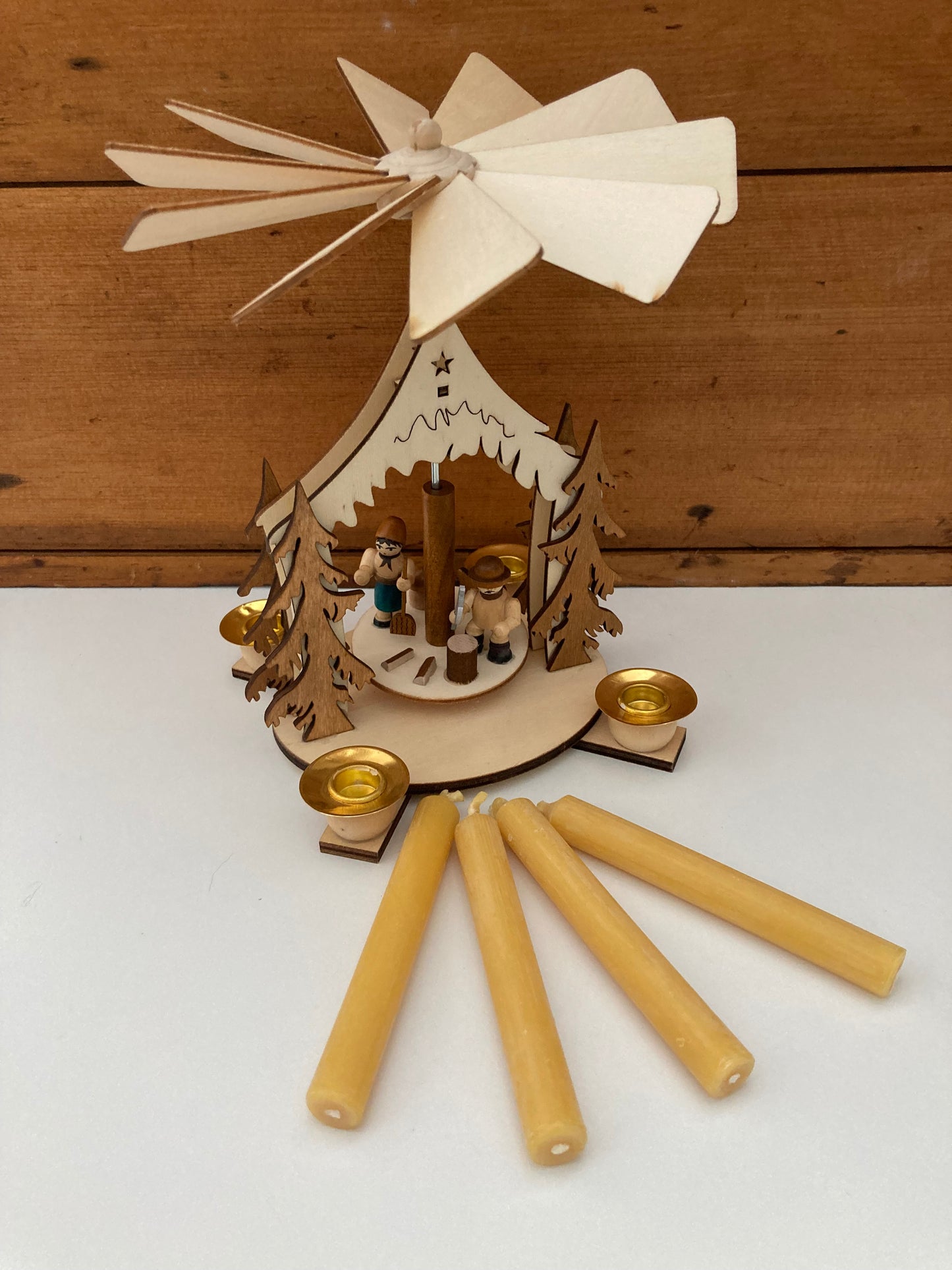 Beeswax Candle Wooden Carousel - WOODCUTTER FAMILY, with 4 Beeswax Candles!