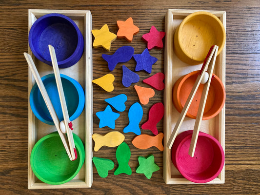Wooden Toy Game - Grimm's RAINBOW BOWLS SORTING SET, 28 pieces!