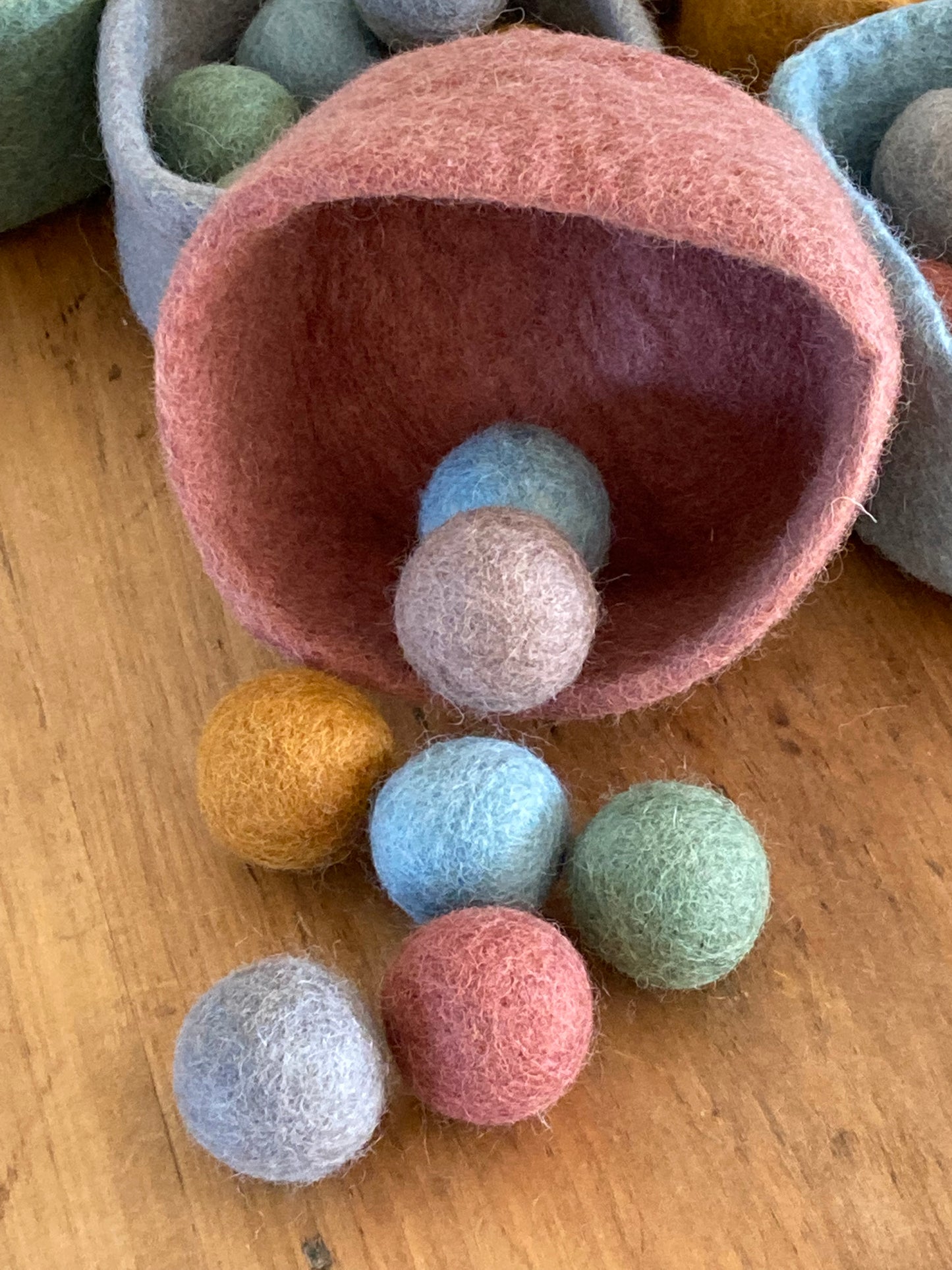 Felted Toys for Baby and Dollhouse Play Set - EARTH TONES WOOL BALLS and FELT BOWL