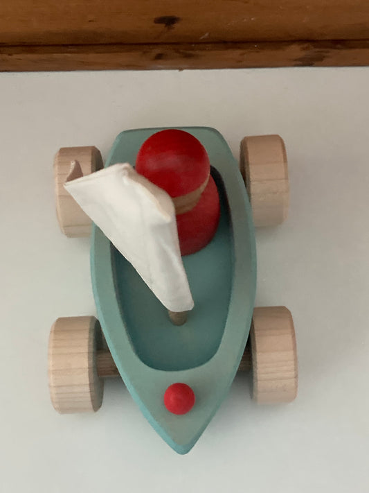 Wooden Toy - SAILBOAT in BLUE and SKIPPER in RED… on wheels!