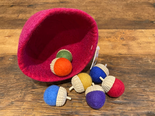 Felted Toys for Baby and Dollhouse Play Set - Wool Felted ACORNS in ALL 7 COLOURS in FELT BOWL