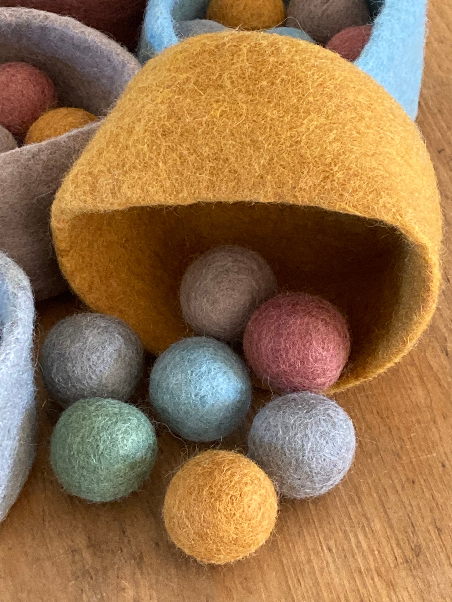 Felted Toys for Baby and Dollhouse Play Set - EARTH TONES WOOL BALLS and FELT BOWL