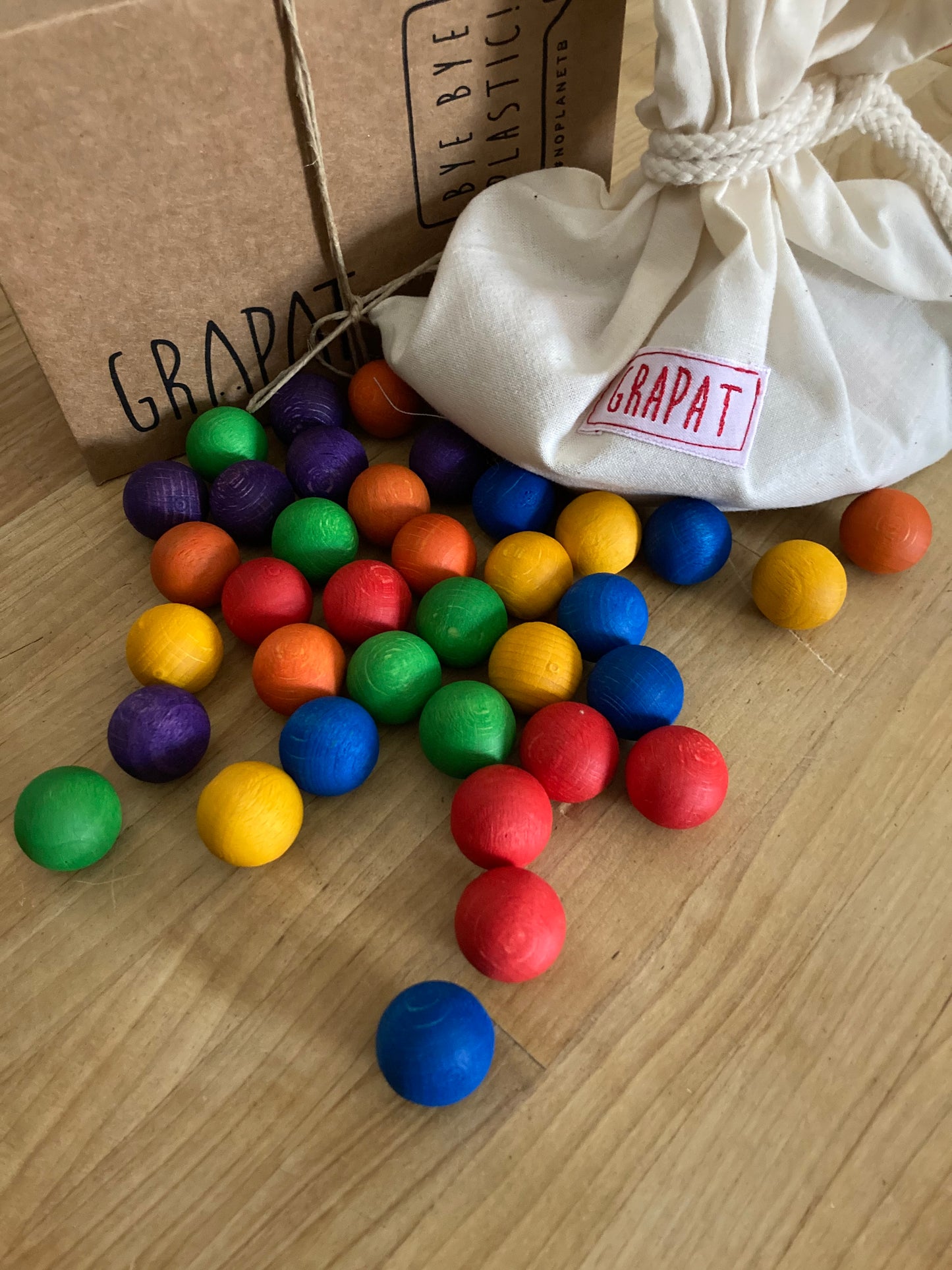 Activity Set - Bag of WOODEN MARBLES by Grapat, 36 pieces!