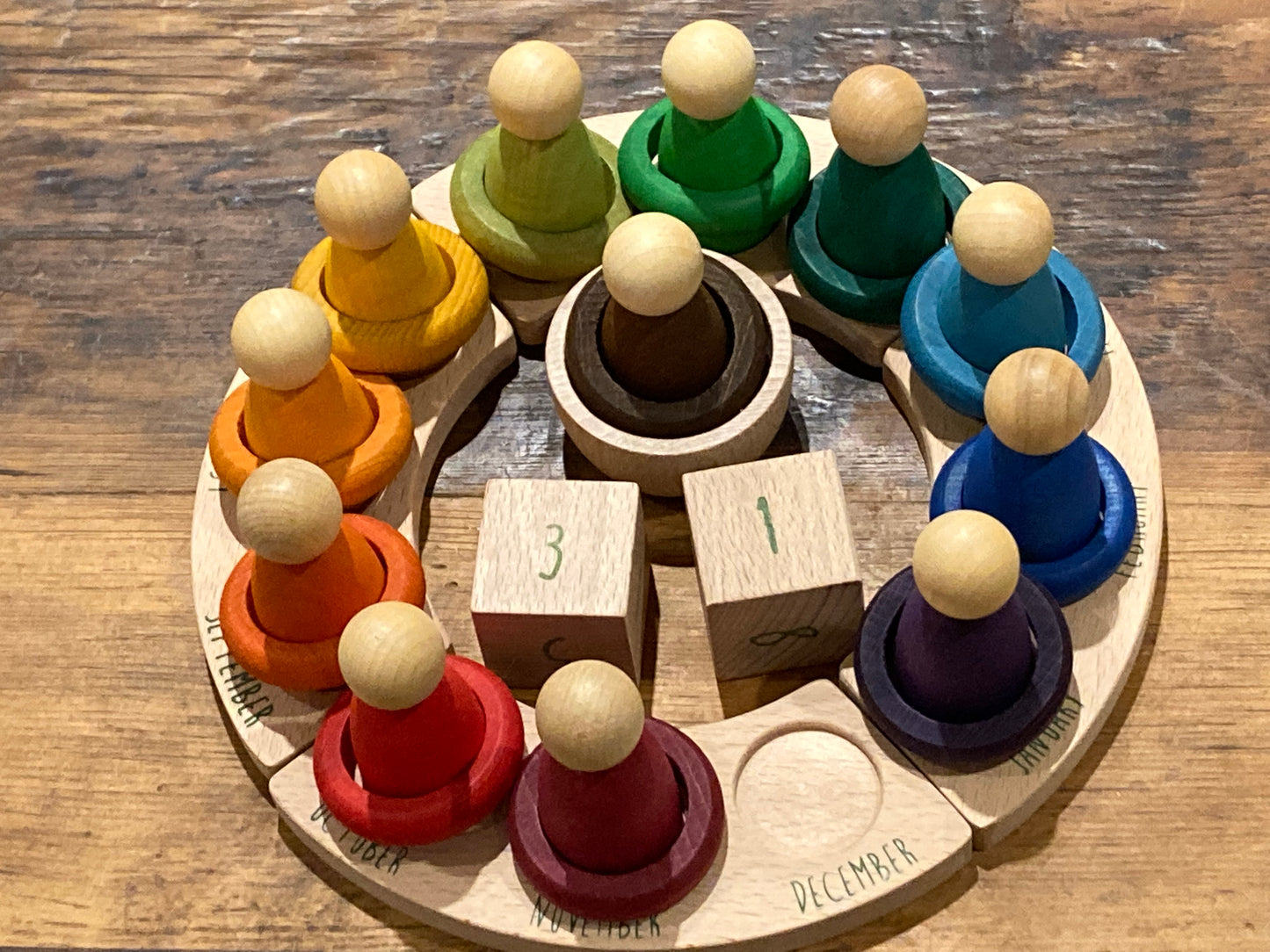 Educational Wooden CIRCULAR CALENDAR by Grapat, in ENGLISH