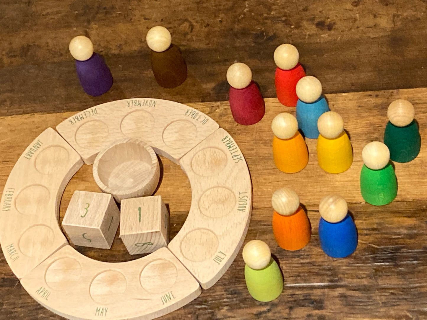 Educational Wooden CIRCULAR CALENDAR by Grapat, in ENGLISH