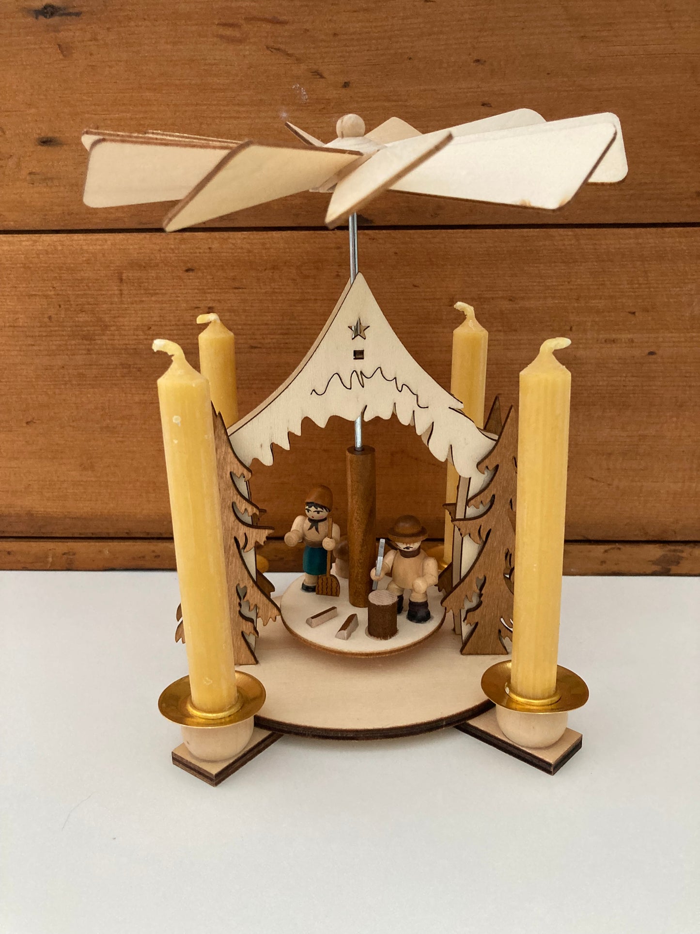 Beeswax Candle Wooden Carousel - WOODCUTTER FAMILY, with 4 Beeswax Candles!
