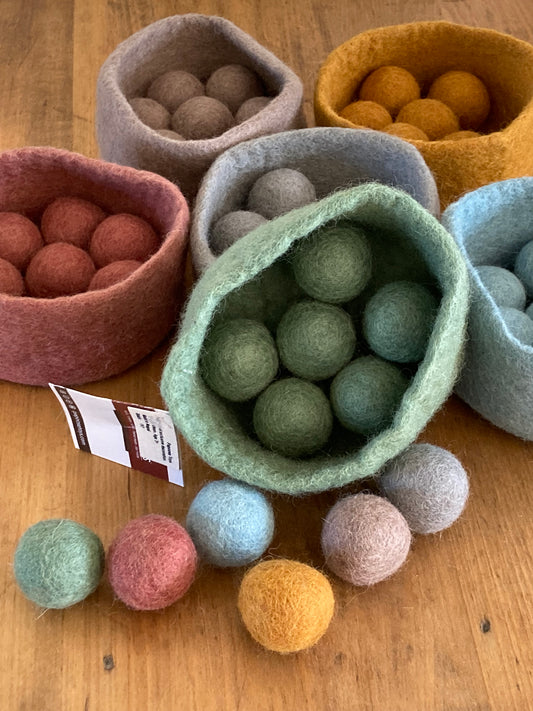 Felted Toys for Baby and Dollhouse Play Set - EARTH WOOL BALLS AND BOWLS, 48 pieces!