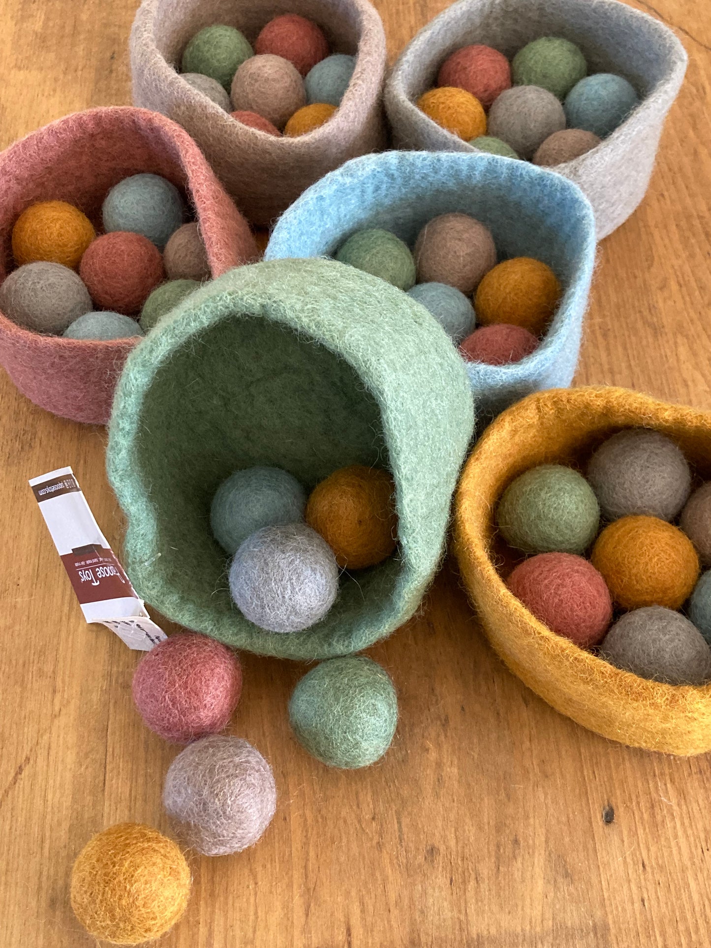 Felted Toys for Baby and Dollhouse Play Set - EARTH WOOL BALLS AND BOWLS, 48 pieces!