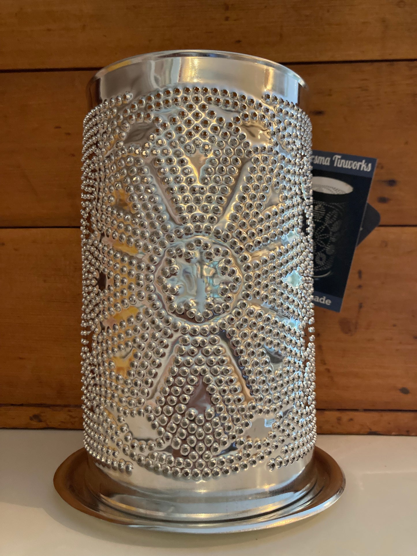EcoHome - Pierced Tin LOTUS MANDALA CANDLE SHADE with Beeswax Votive Candle