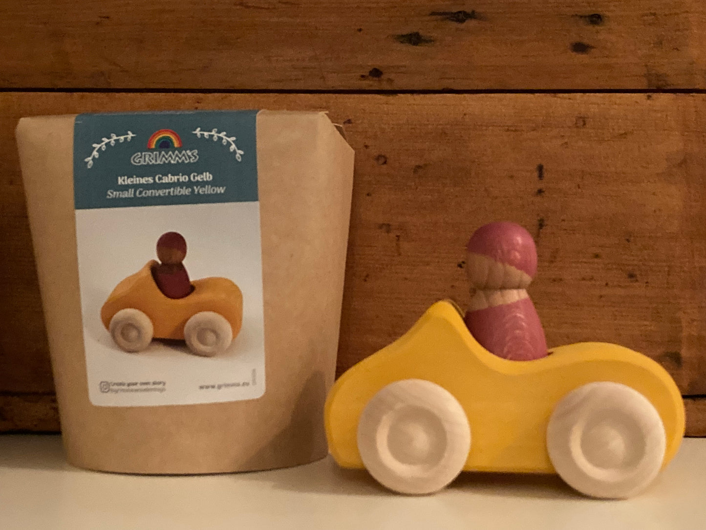 Wooden Toy Car - YELLOW CONVERTIBLE with driver