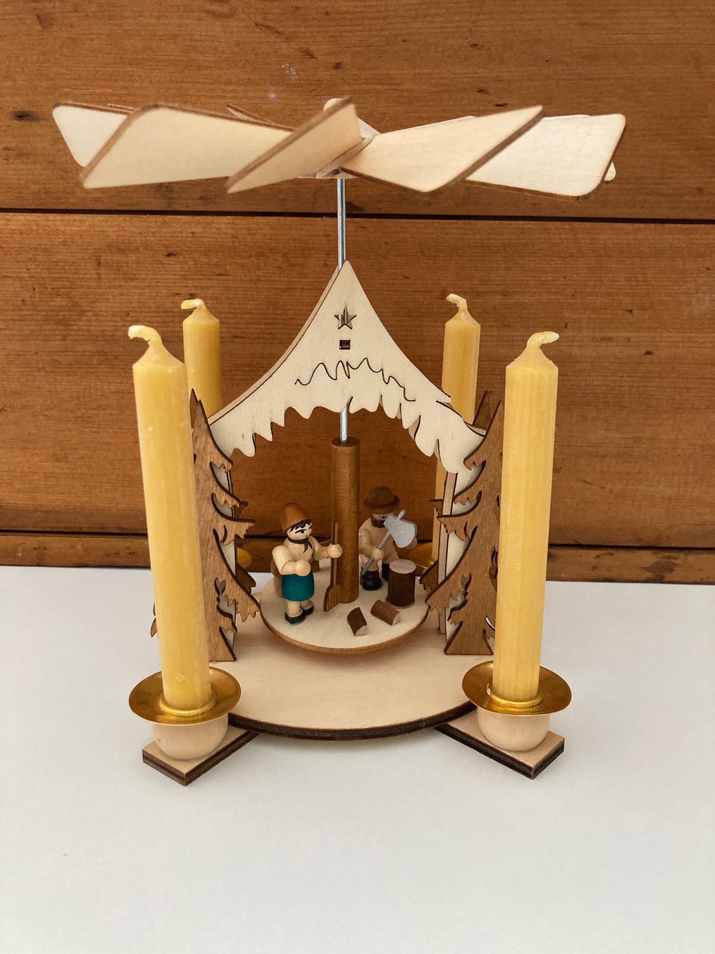 Beeswax Candle Wooden Carousel - WOODCUTTER FAMILY, with 4 Beeswax Candles!