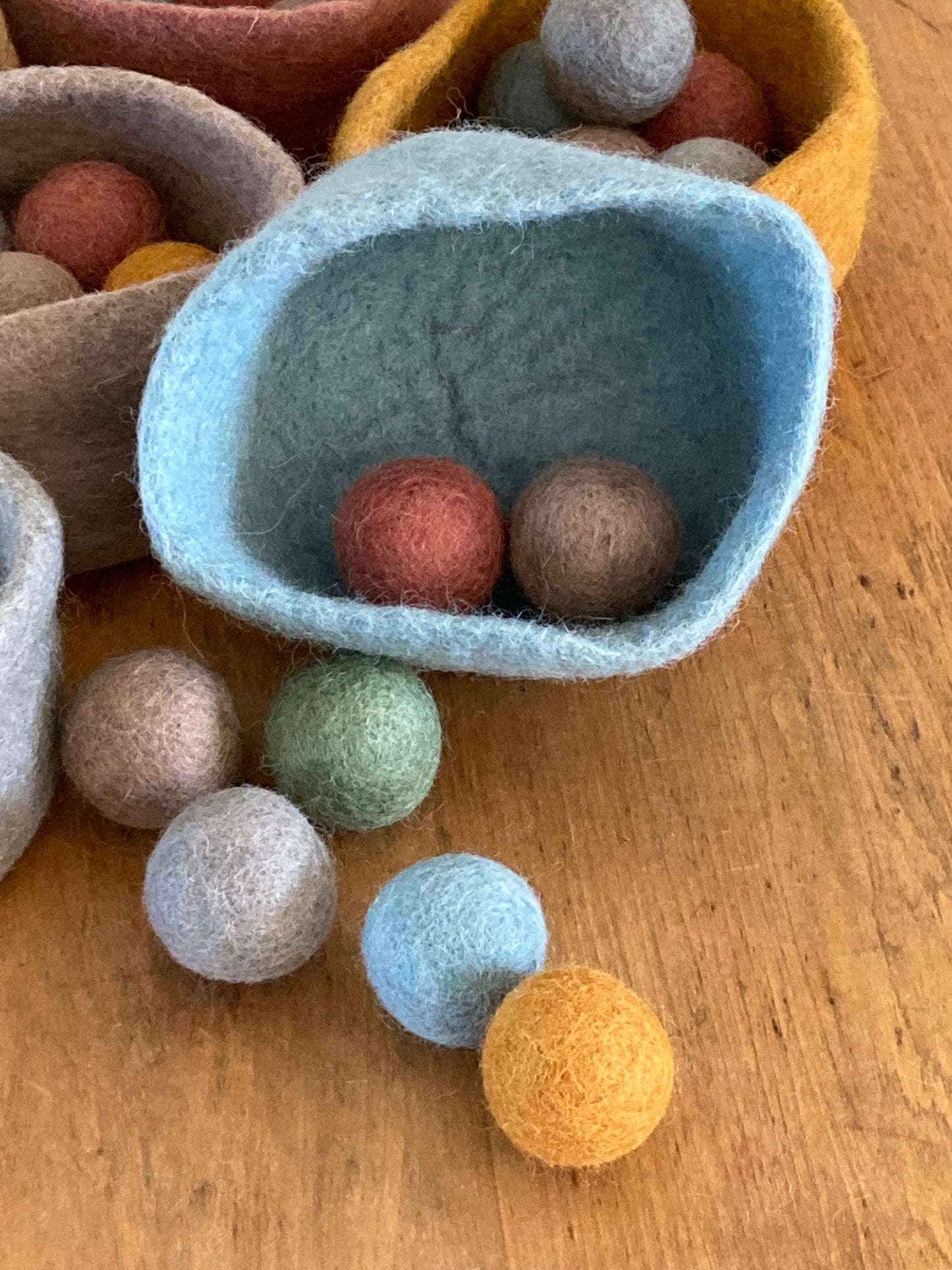 Felted Toys for Baby and Dollhouse Play Set - EARTH TONES WOOL BALLS and FELT BOWL
