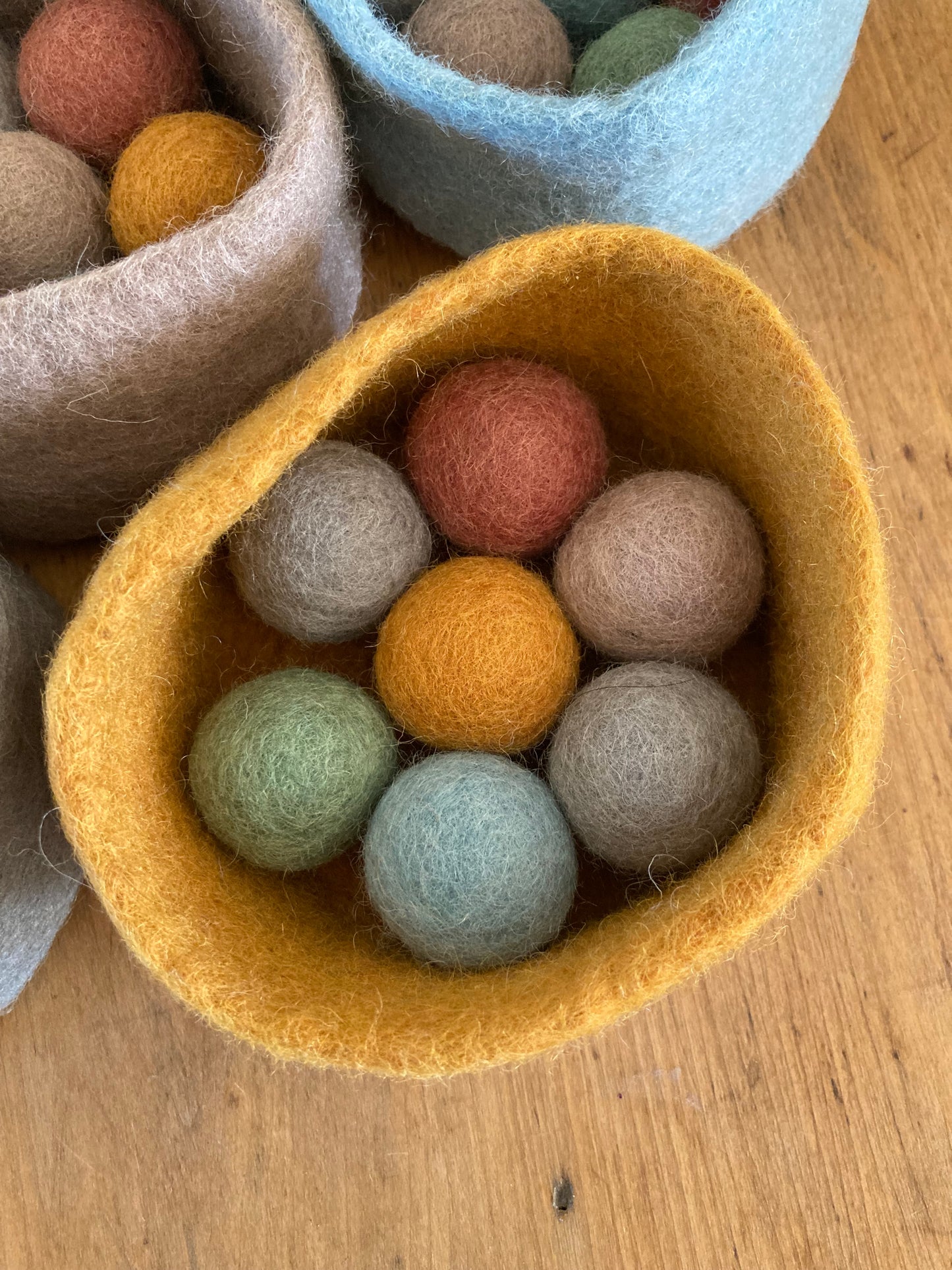 Felted Toys for Baby and Dollhouse Play Set - EARTH TONES WOOL BALLS and FELT BOWL