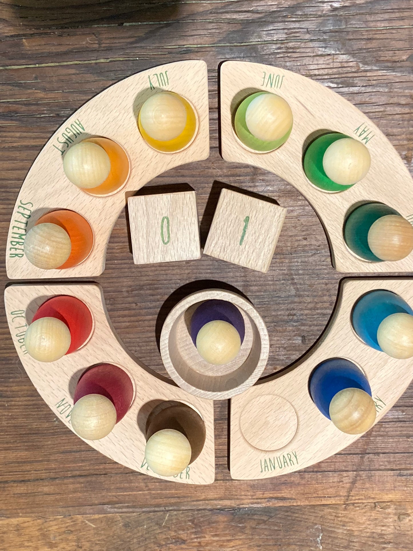 Educational Wooden CIRCULAR CALENDAR by Grapat, in ENGLISH