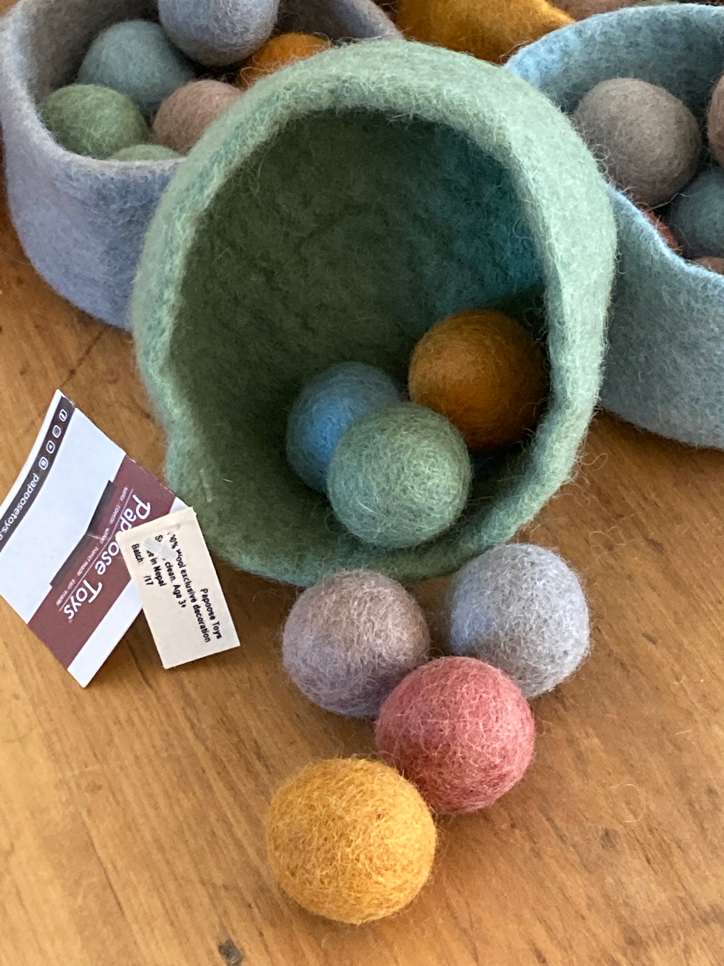 Felted Toys for Baby and Dollhouse Play Set - EARTH TONES WOOL BALLS and FELT BOWL