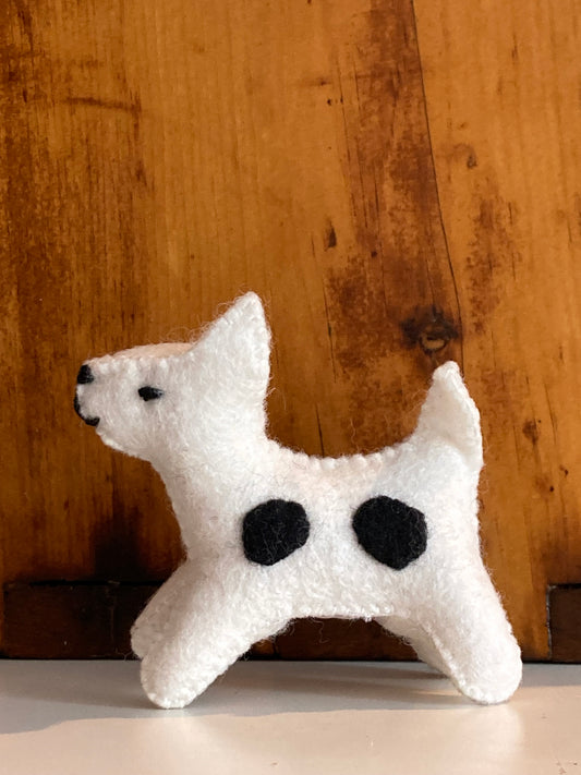 Dollhouse Soft Toy - Wool Felt WHITE DOG, with Black Spots