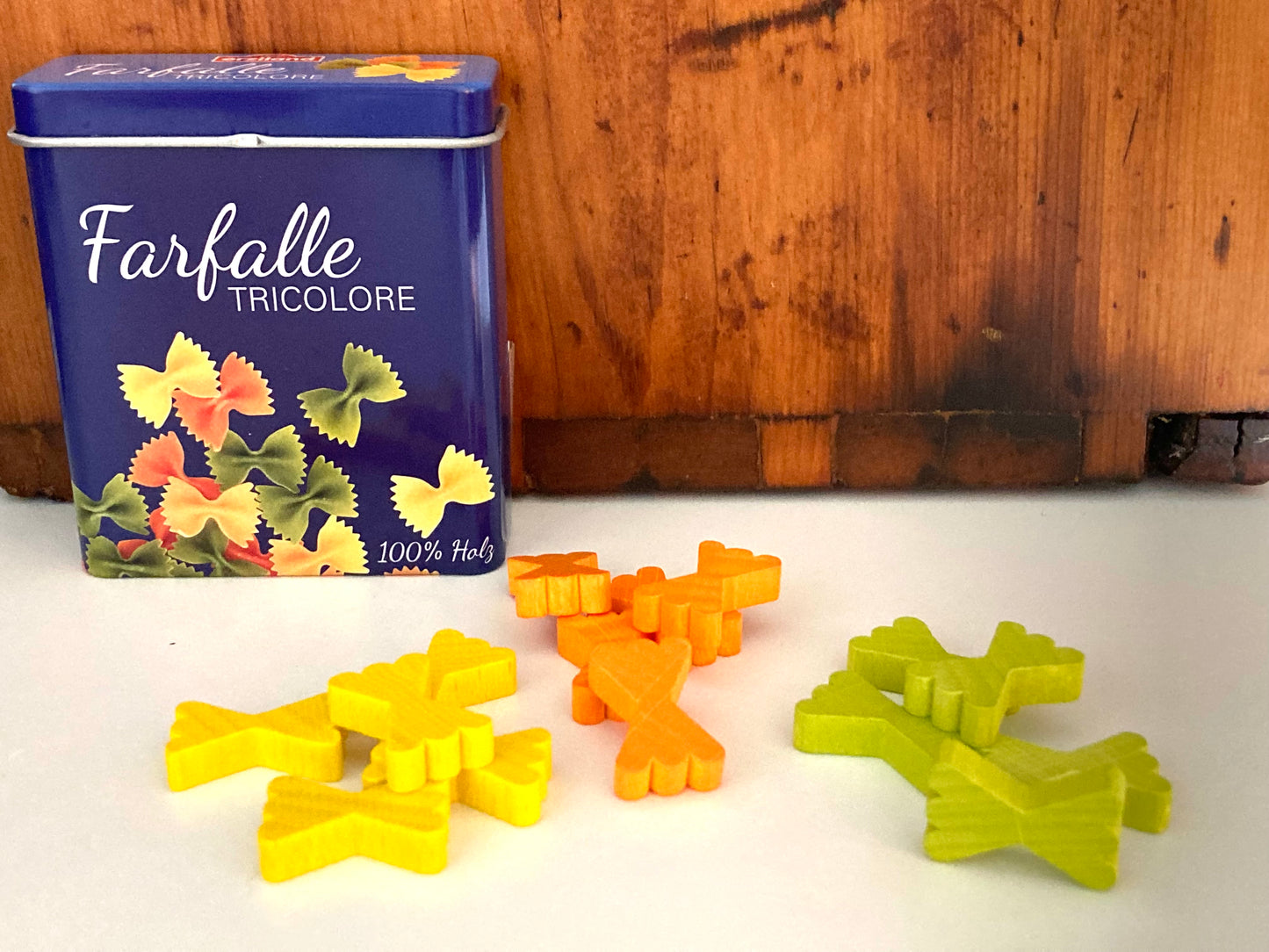 Kitchen Play Food - Wooden PASTA BOWTIES, in a TIN, 15 pieces!