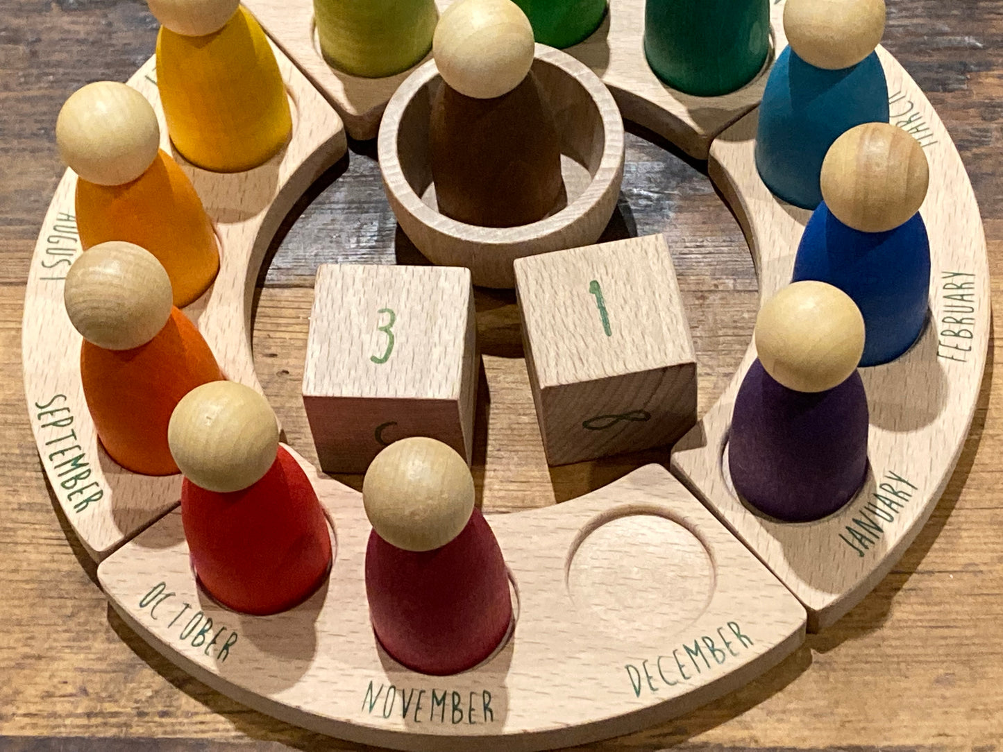 Educational Wooden CIRCULAR CALENDAR by Grapat, in ENGLISH