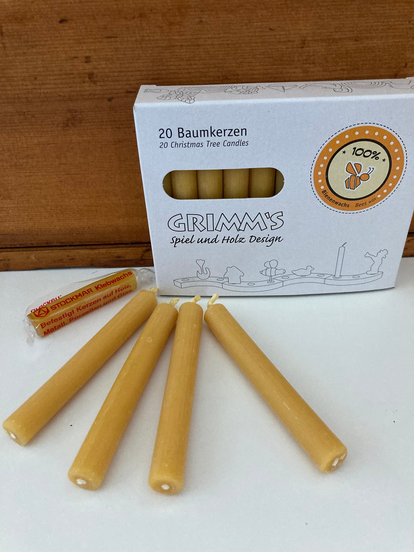 Wooden Deco by Grimm’s - Small BEESWAX CANDLES for Advent Spiral & Birthday Ring (Box of 20 candles and Sticky Wax)