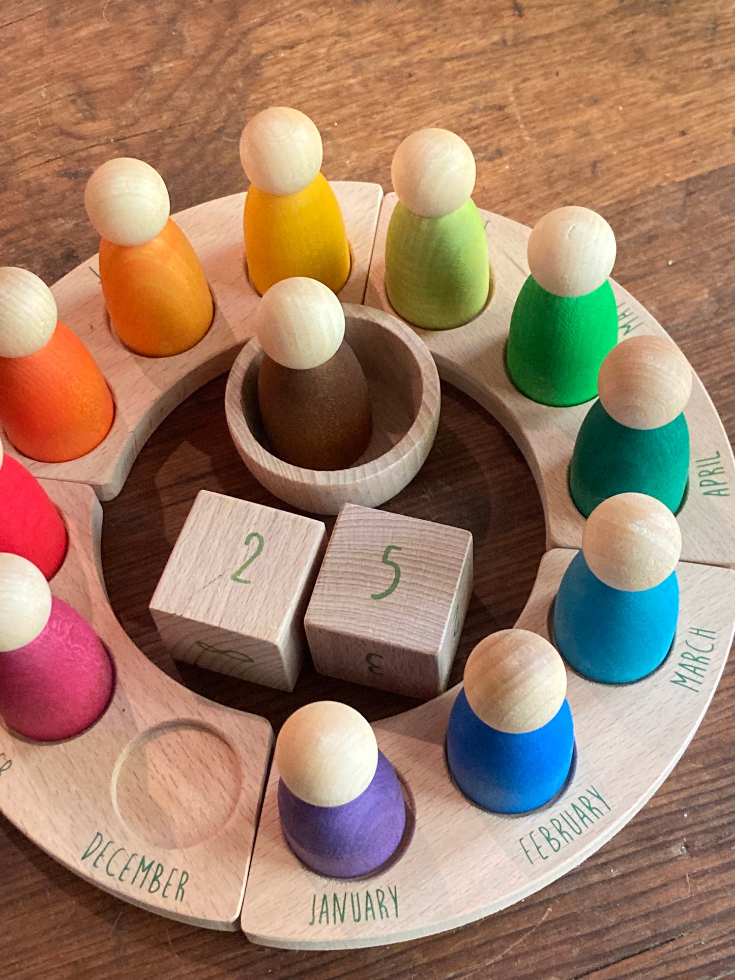 Educational Wooden CIRCULAR CALENDAR by Grapat, in ENGLISH