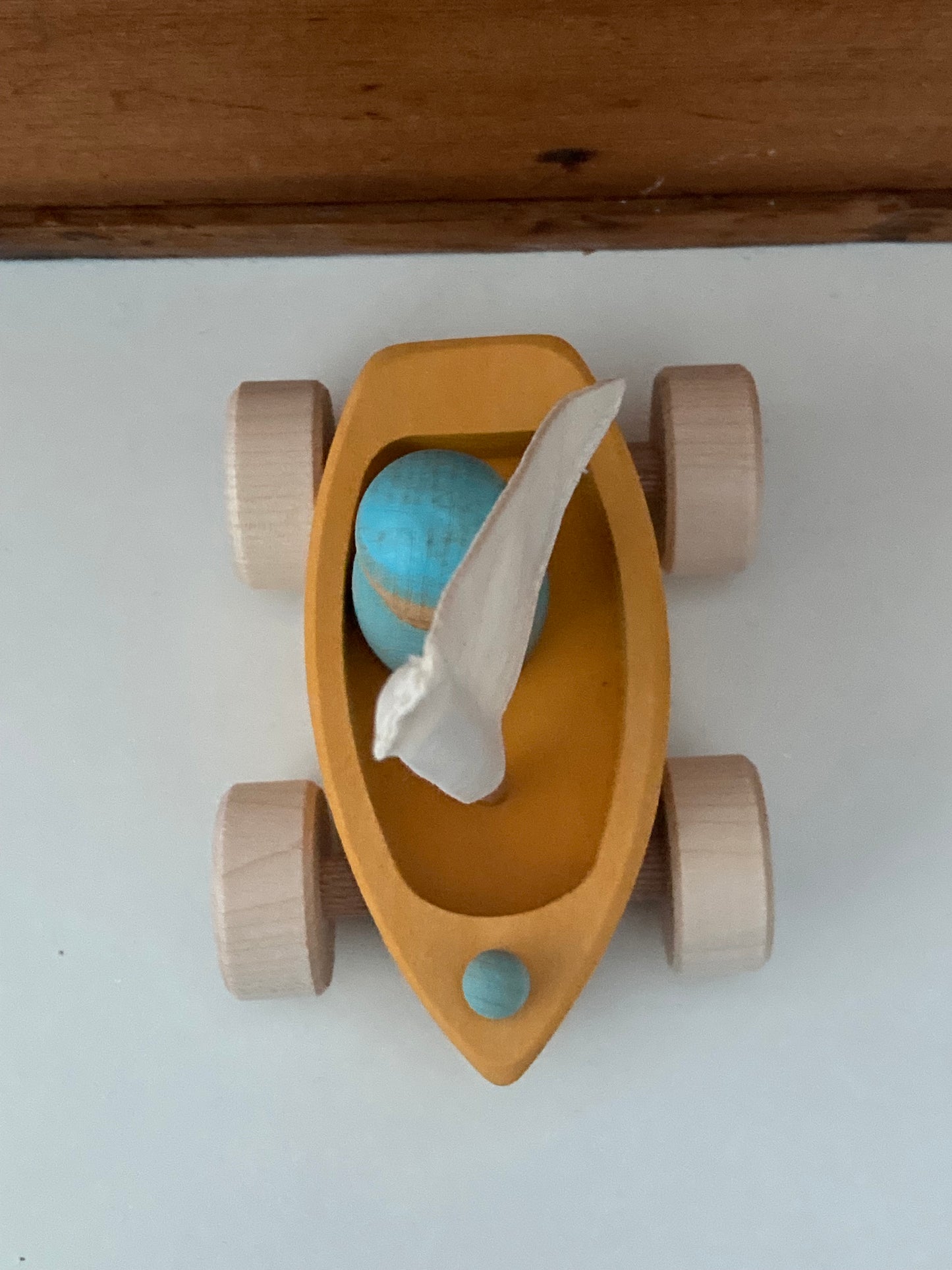 Wooden Toy - Grimm's SAILBOAT in YELLOW GOLD with SKIPPER in BLUE… on wheels!