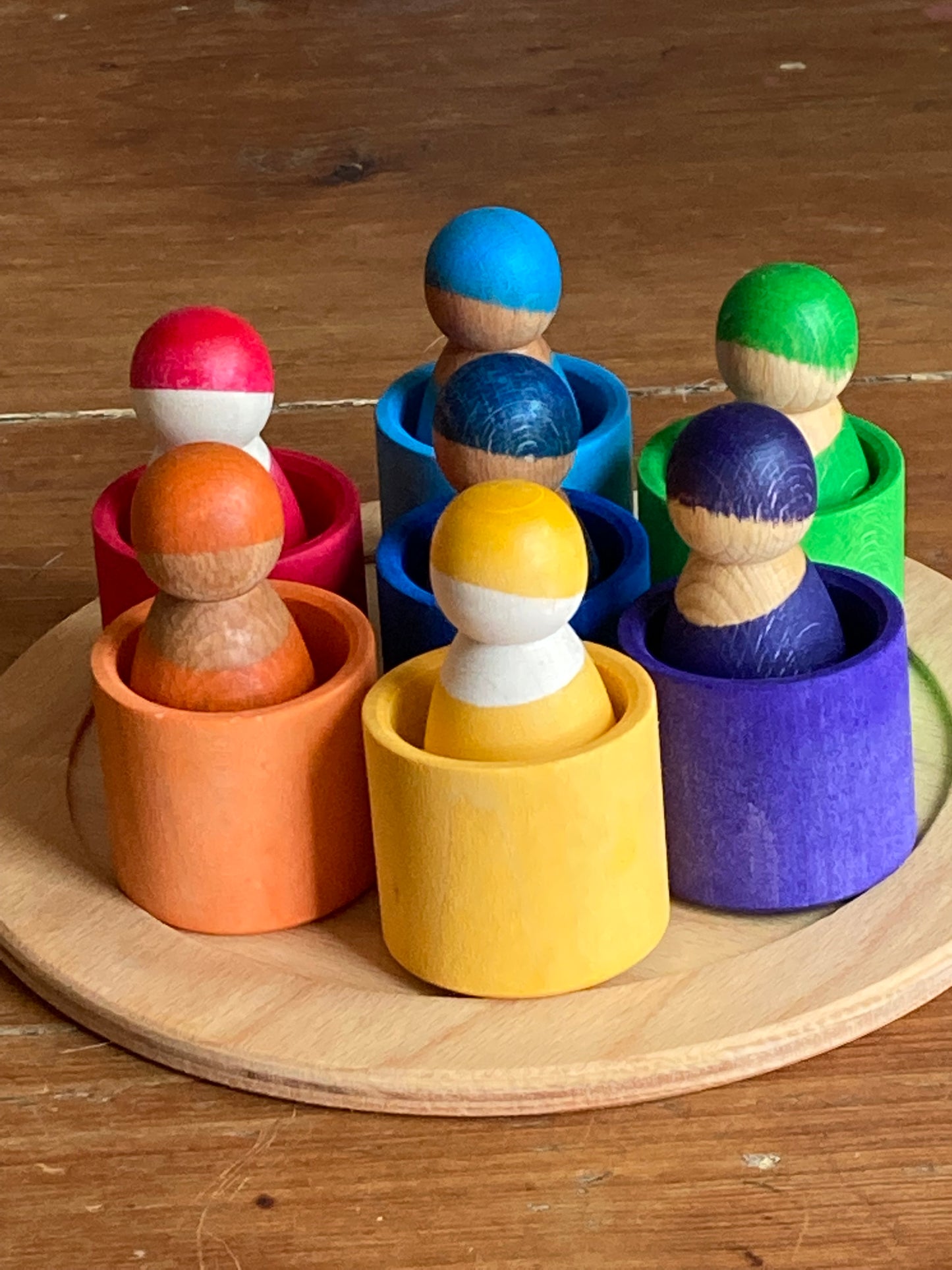 Wooden Toy - Grimm's RAINBOW FRIENDS in RAINBOW BOWLS, set of 7!