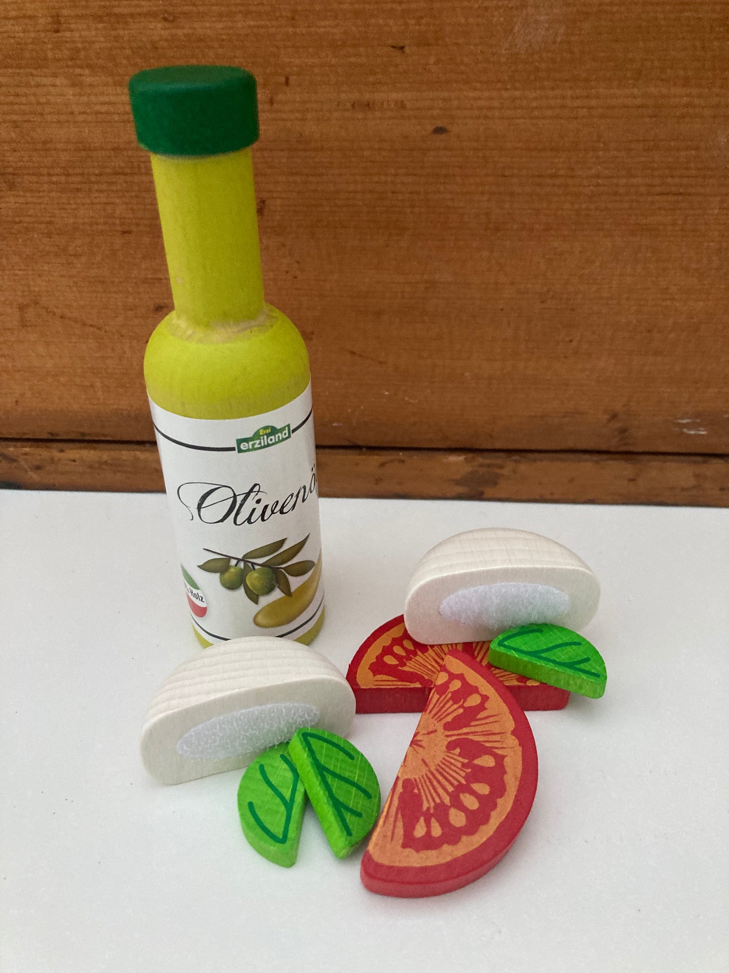 Kitchen Play Food - Wooden OILIVE OIL, in a wooden bottle.