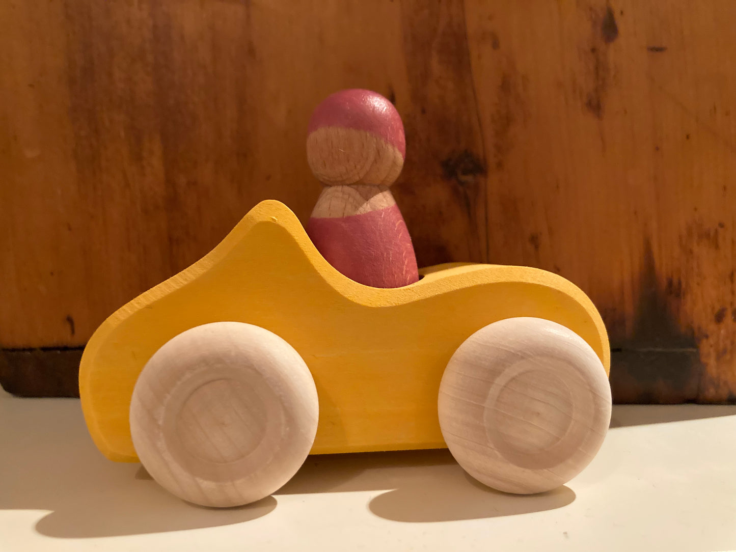 Wooden Toy Car - YELLOW CONVERTIBLE with driver
