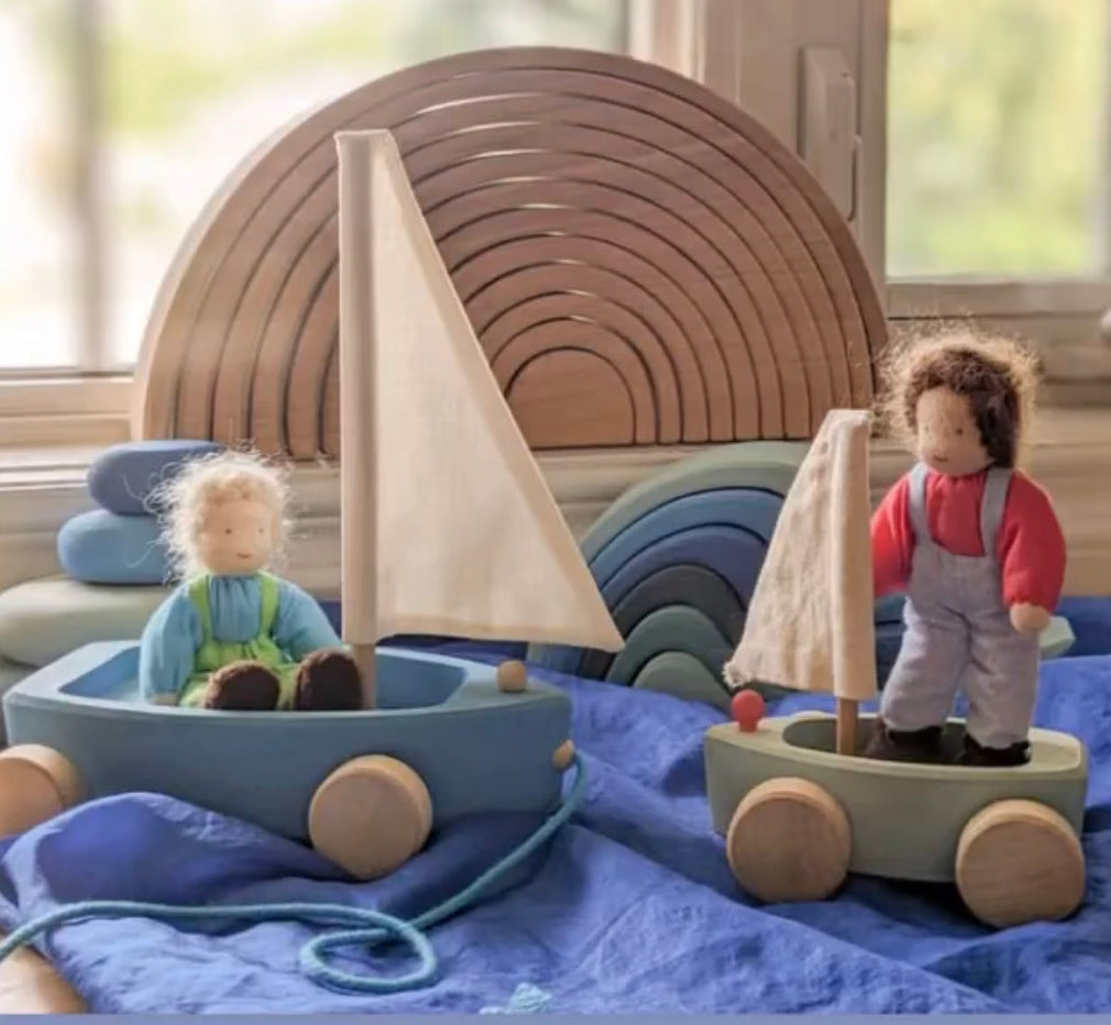 Wooden Toy - Grimm's SAILBOATS, on wheels, each with SKIPPER! (set of 4)