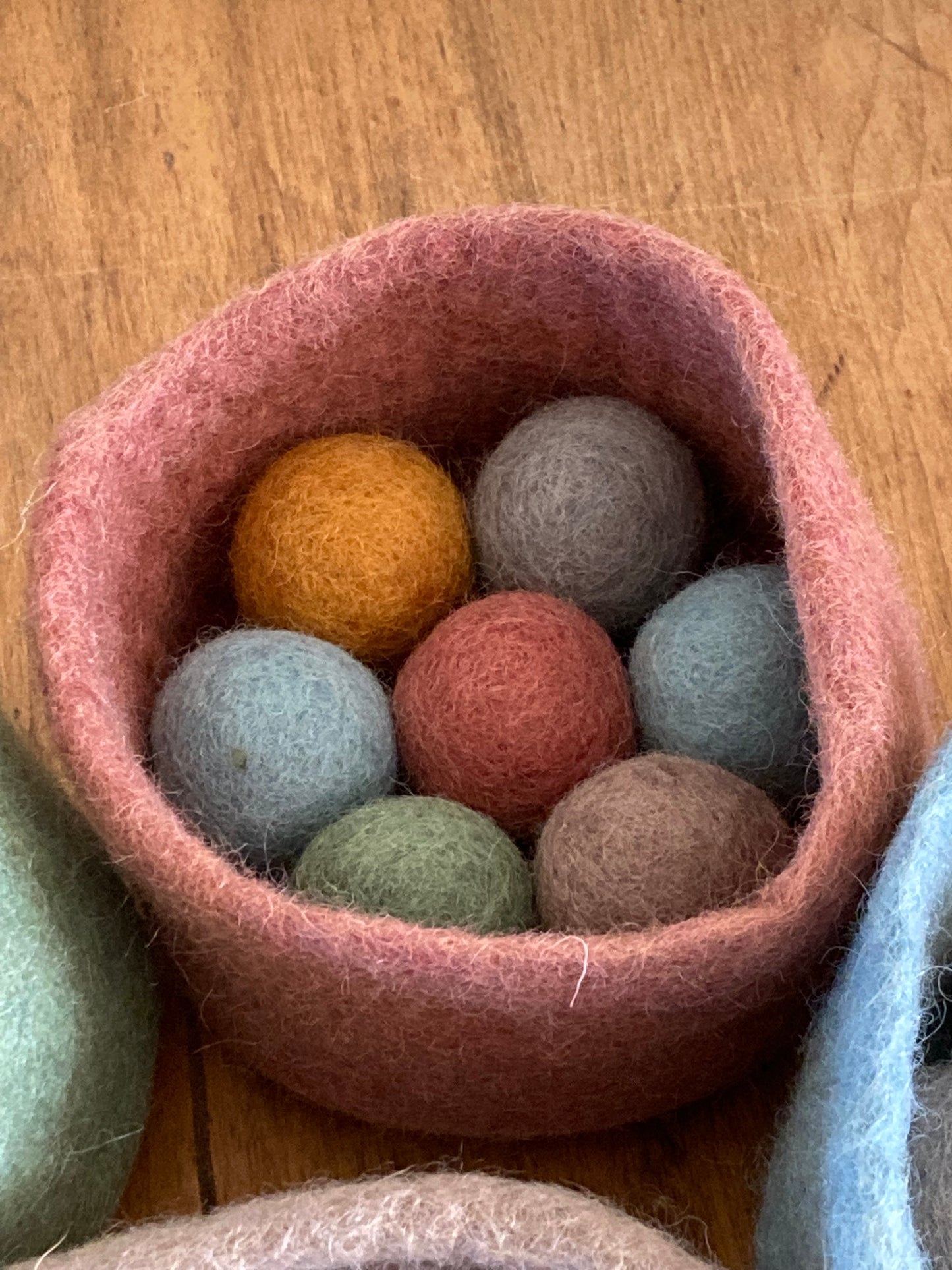 Felted Toys for Baby and Dollhouse Play Set - EARTH TONES WOOL BALLS and FELT BOWL