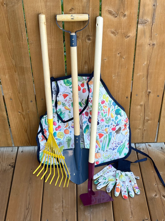 Child's GARDENING SET, 3 LONG- wood HANDLED Metal Tools