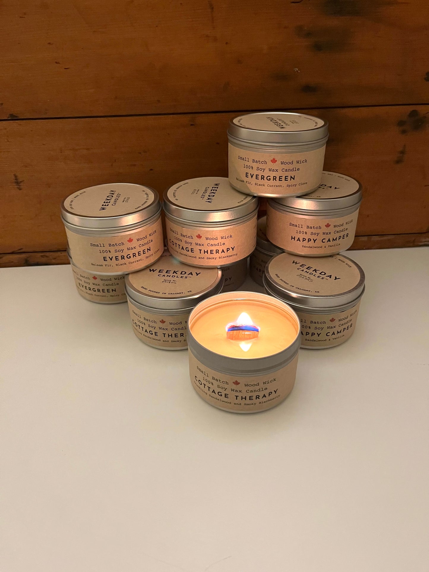 CANDLE IN A TIN, with WOOD WICK, 3 choices