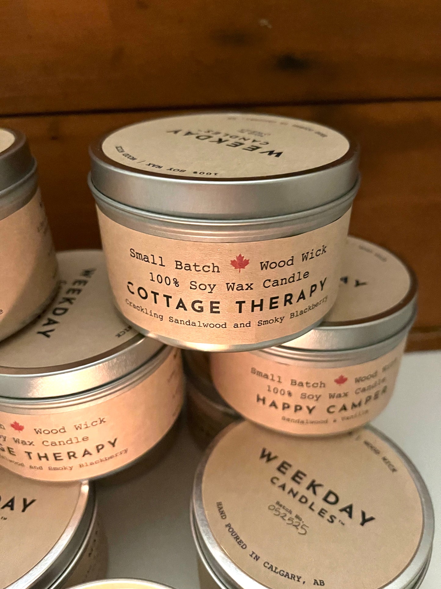 CANDLE IN A TIN, with WOOD WICK, 3 choices