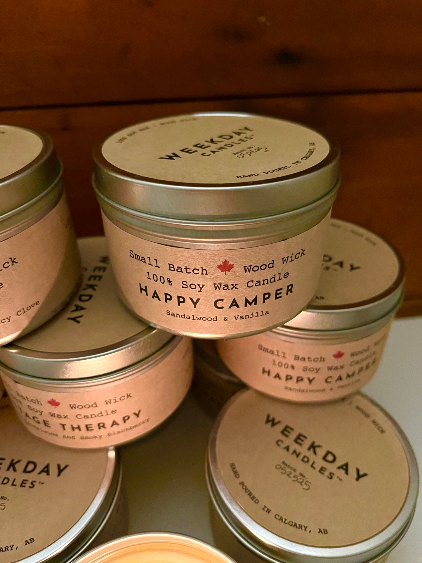 CANDLE IN A TIN, with WOOD WICK, 3 choices