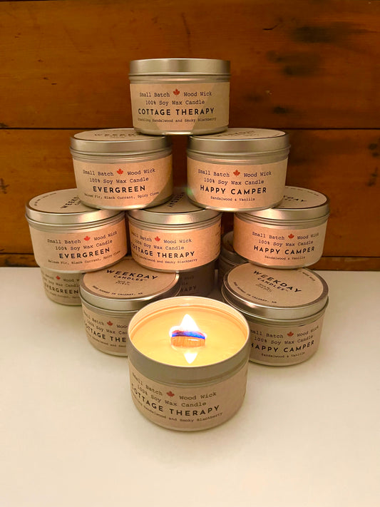 CANDLE IN A TIN, with WOOD WICK, 3 choices