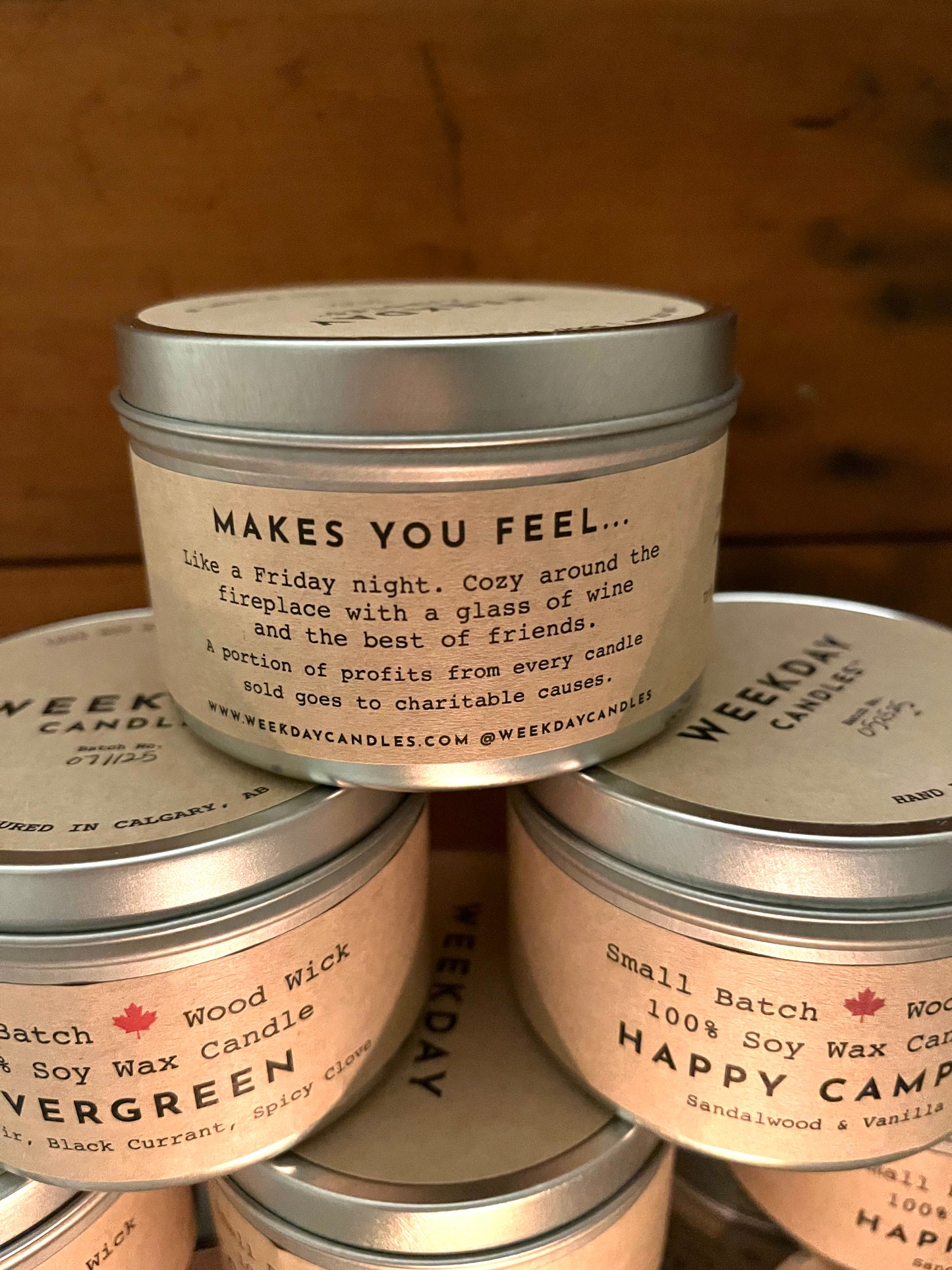 CANDLE IN A TIN, with WOOD WICK, 3 choices