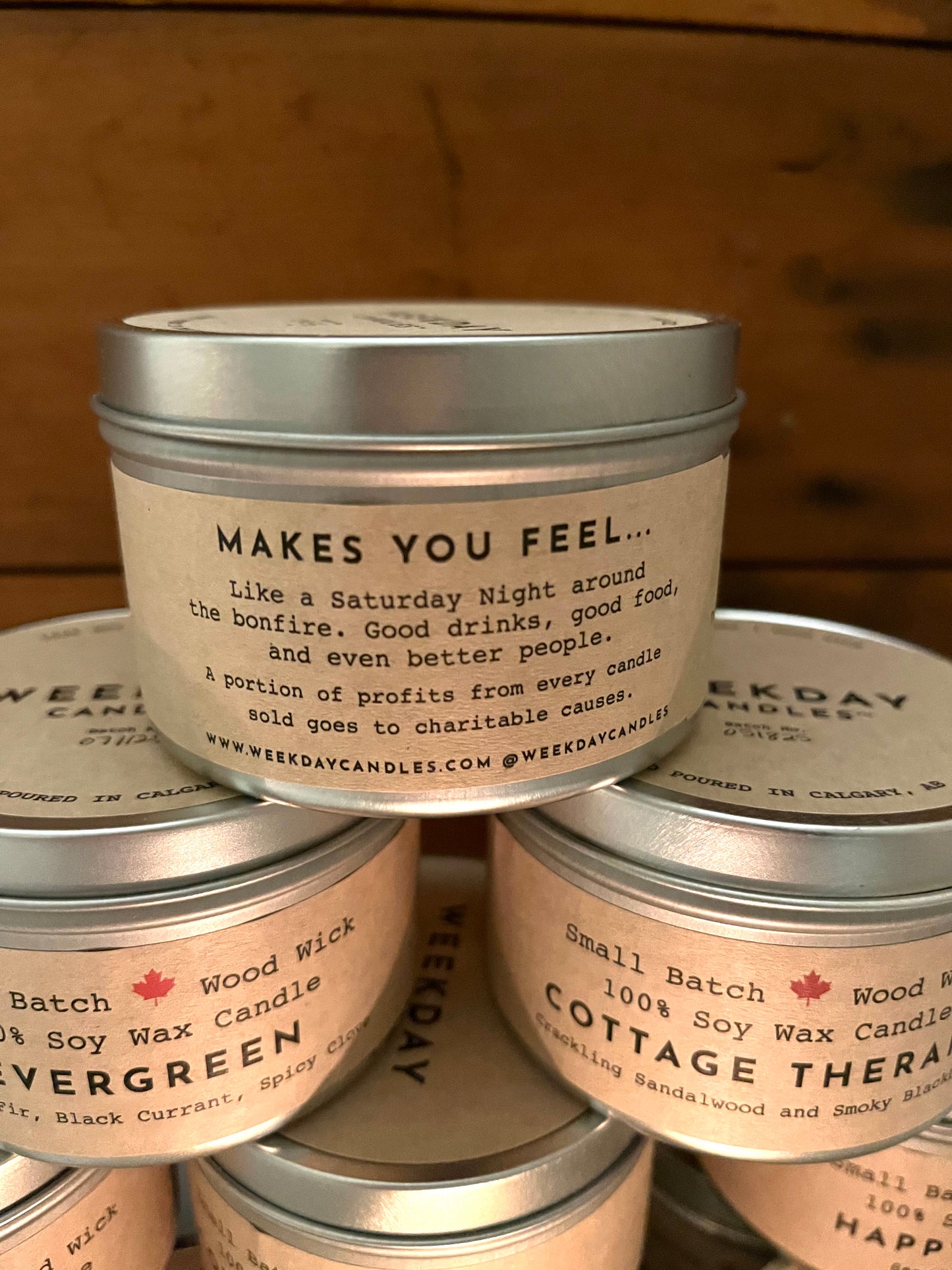 CANDLE IN A TIN, with WOOD WICK, 3 choices