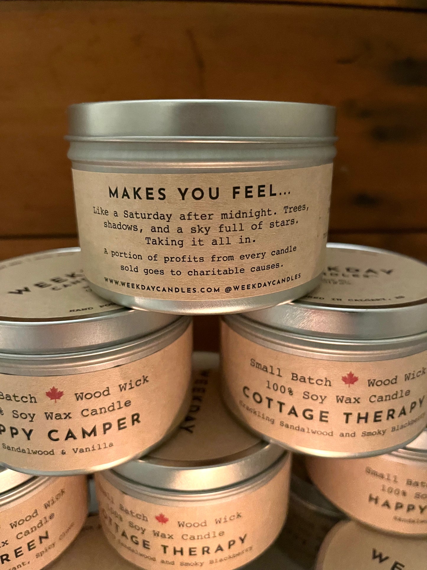 CANDLE IN A TIN, with WOOD WICK, 3 choices